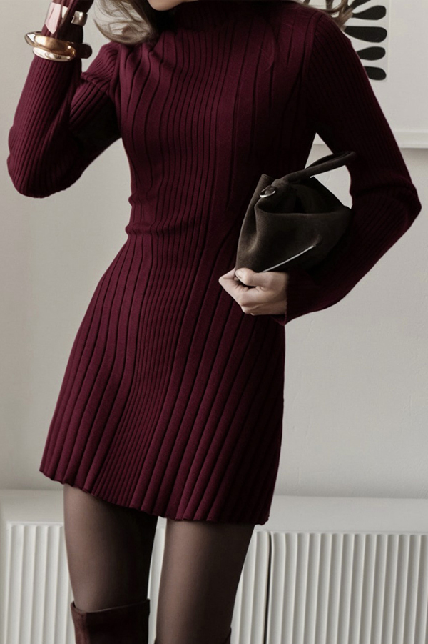 Solid Color Long-sleeved Slim-fit Elegant Knitted Mini Dress-consonak