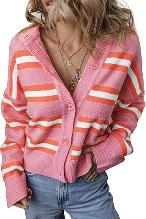 Colorblock Striped Knitted Long-sleeve Cardigan-consonak