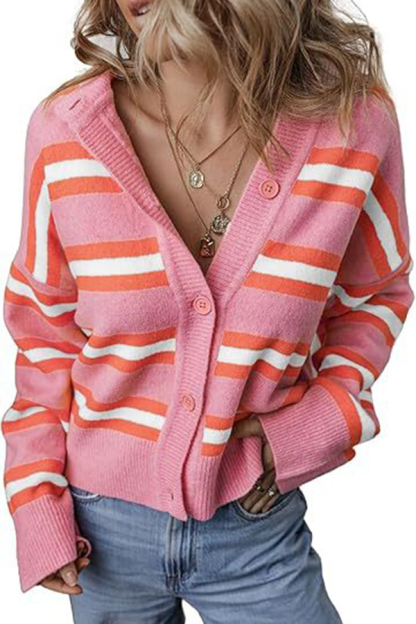 Colorblock Striped Knitted Long-sleeve Cardigan-consonak