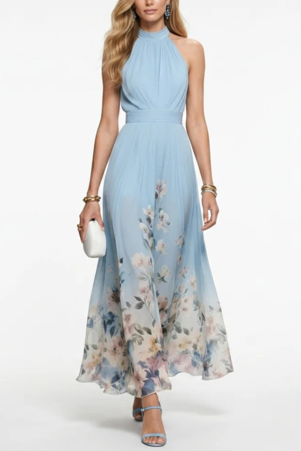 Floral Print Halter Neck Sleeveless Elegant Waist-cinching Maxi Dress | Consonak