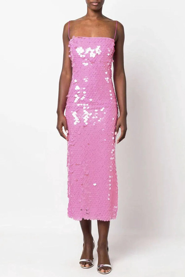 Sexy Sequined Halter-neck Backless Slim Fit Slit Midi Dress-consonak