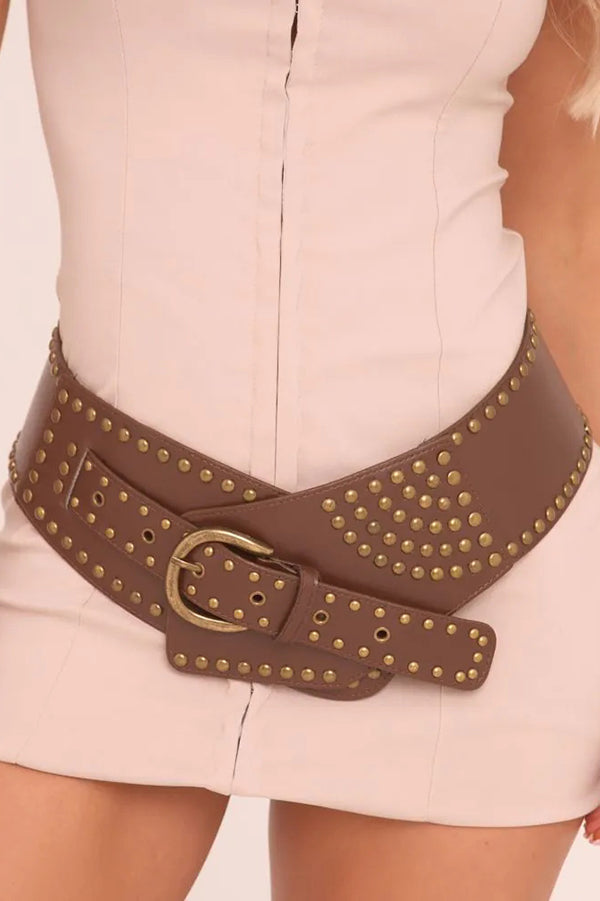 Vintage Faux Leather Rivet Pin Buckle Wide Belt | Consonak