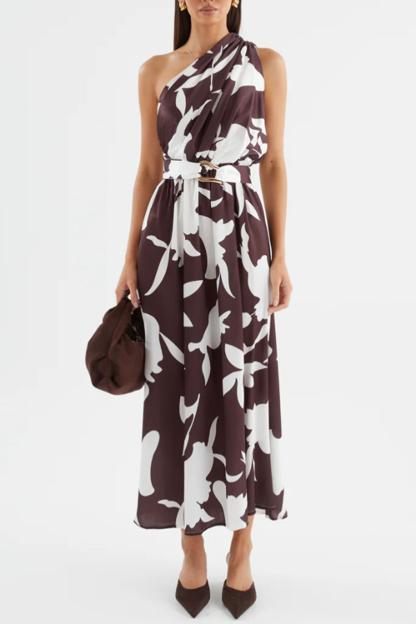 Unique Printed One-Shoulder Belt Casual Holiday Maxi Dress