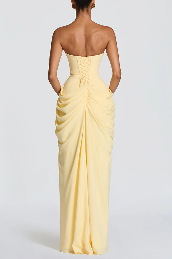 Cyra Chiffon Back Lace-up Asymmetrical Pleats Strapless Slit Maxi Dress