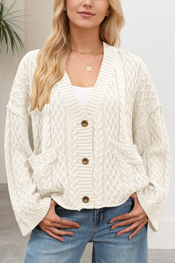 Solid Color Loose V-neck Long-sleeved Casual Pocket Knitted Cardigan-consonak