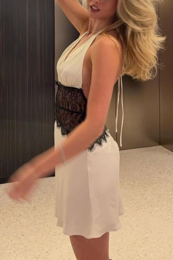 Fashionable Hollowed-out Lace Patchwork V-neck Backless Slim-fit Mini Dress | Consonak