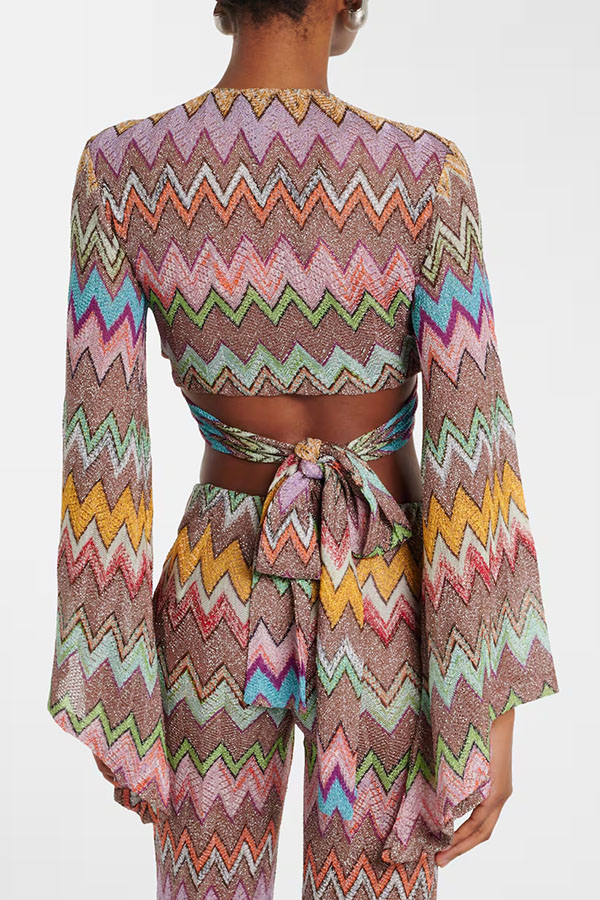St.Tropez Moment Knit Colorful Zigzag Pattern Bell Sleeve Tie-up Crop Top and Stretch Flare Pants Set