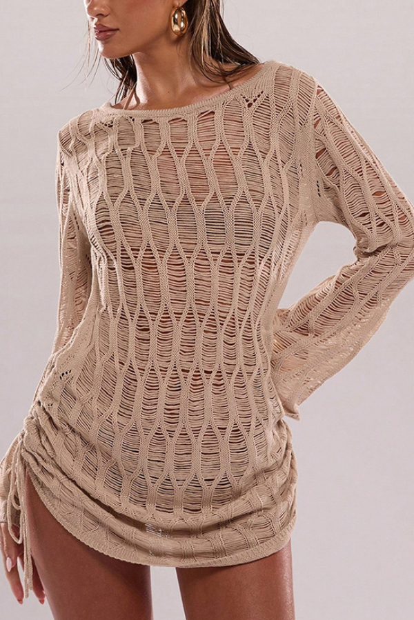 Fashionable Sheer Long-sleeved Backless Tie Slim-fit Mini Dress-consonak