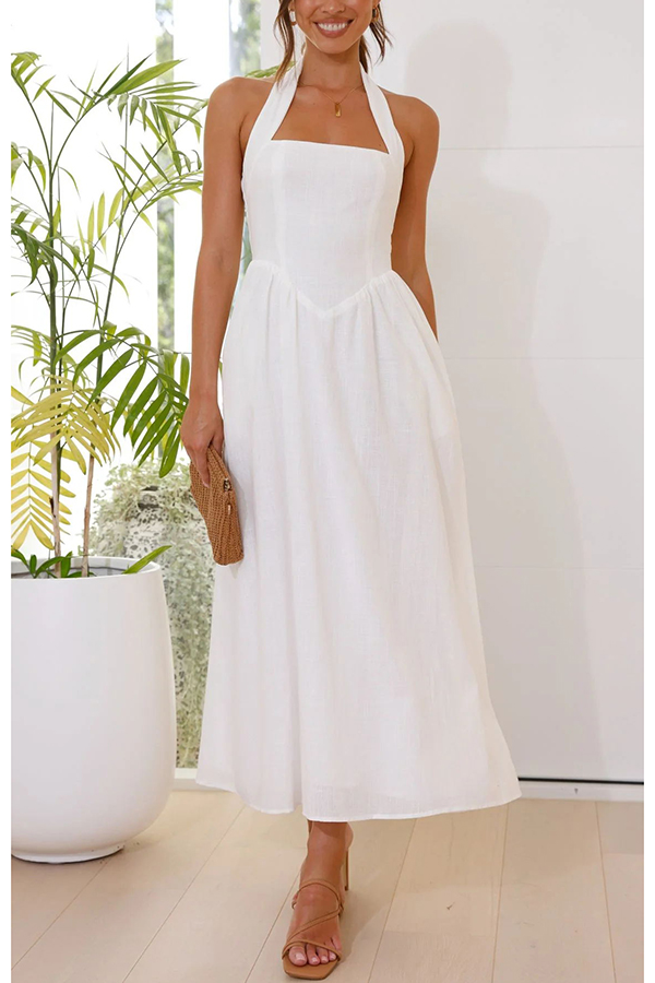 Brunch in Bali Linen Blend Halter Neck Pocketed Maxi Dress-consonak
