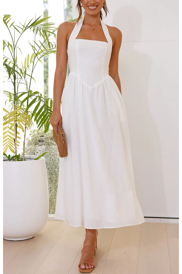 Brunch in Bali Linen Blend Halter Neck Pocketed Maxi Dress-consonak