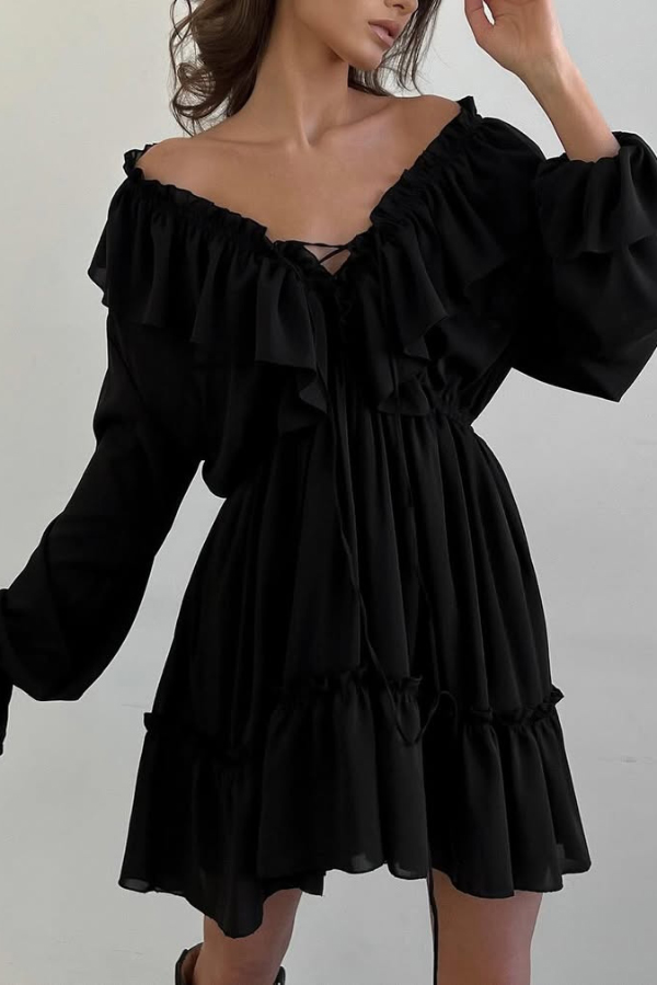 Solid Color V-neck Ruffled Ruched Long-sleeved Vacation Mini Dress | Consonak