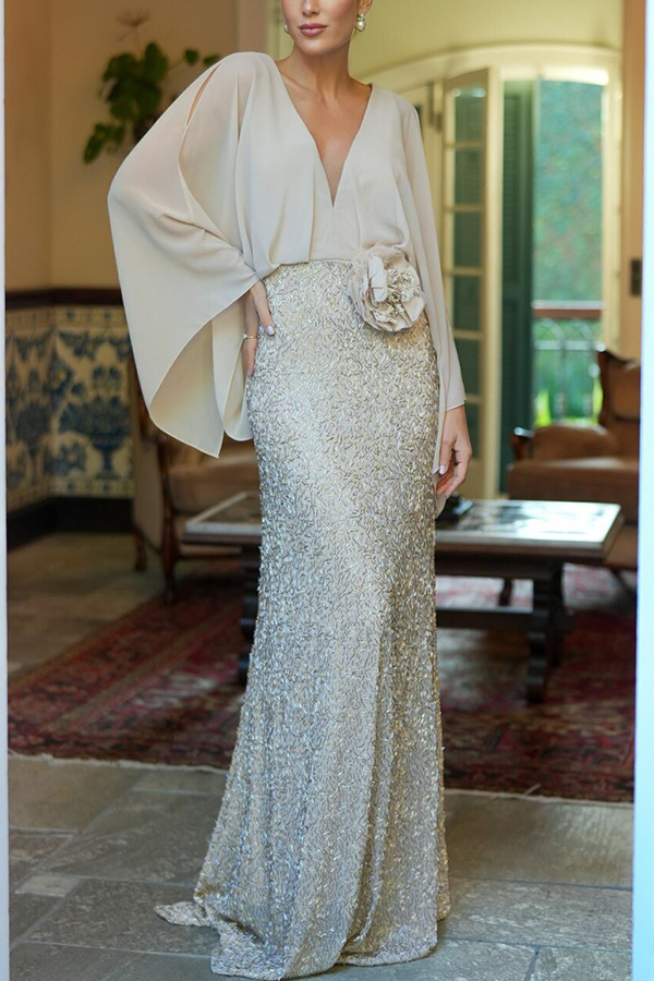 Aleina Chiffon Batwing Sleeve Flower Embroidered Waist Sequin Fabric Maxi Dress | Consonak