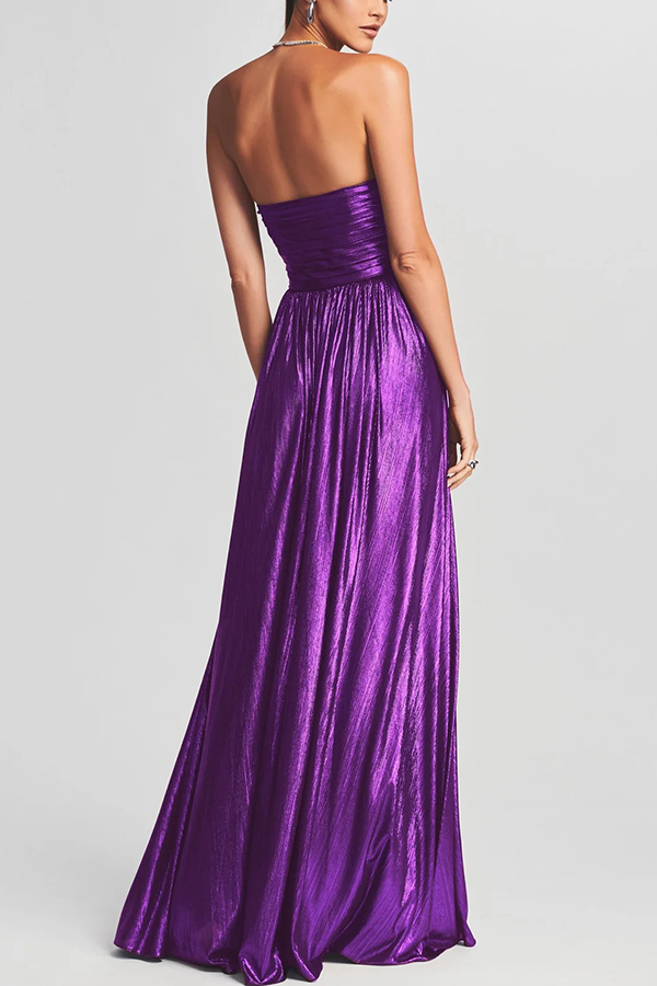 Goddess Temperament Metallic Pleated Fabric Off Shoulder Slit Maxi Dress-consonak