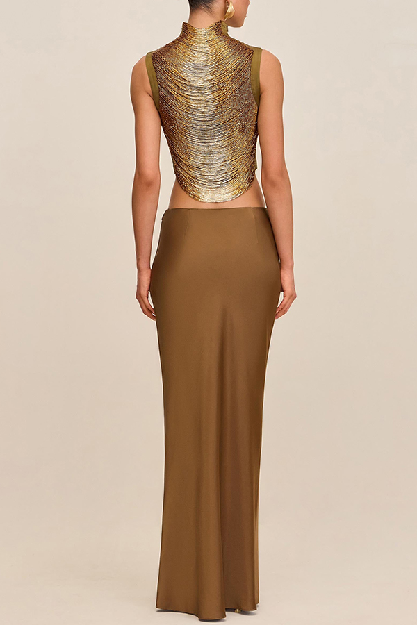 Keep Polished Satin High Rise Bias Cut Drape Maxi Skirt