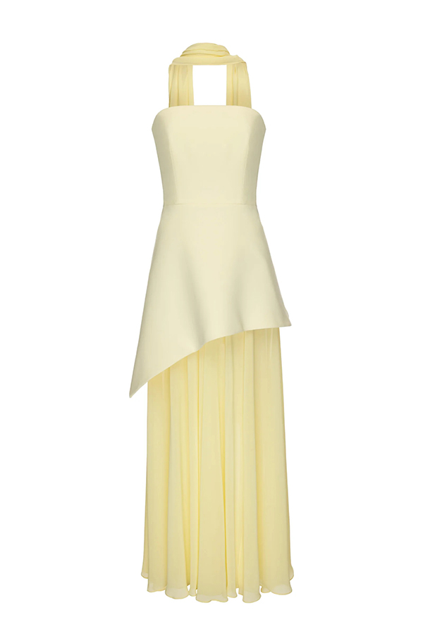 Monaco Off Shoulder Structured Top Chiffon Slit Hem Scarf Maxi Dress | Consonak