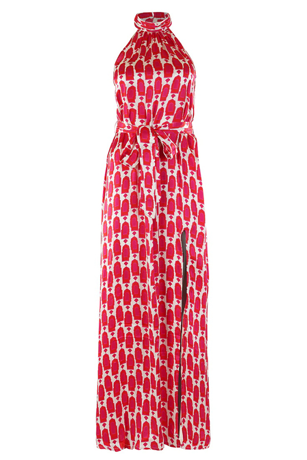 Unique Printed Sleeveless Halterneck Tie-waist Slit Maxi Dress-consonak