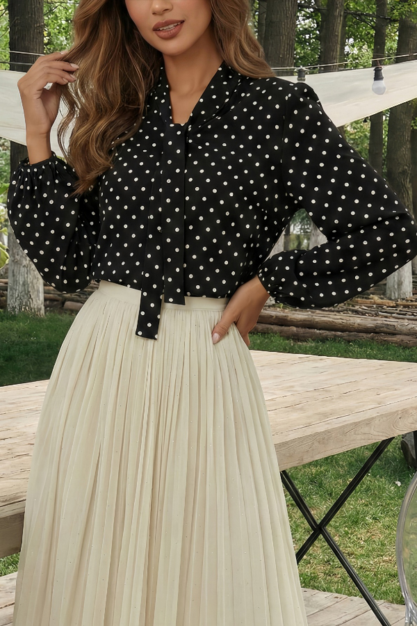 Polka Dot Print Tie-up Long-sleeved Loose Casual Shirt-consonak