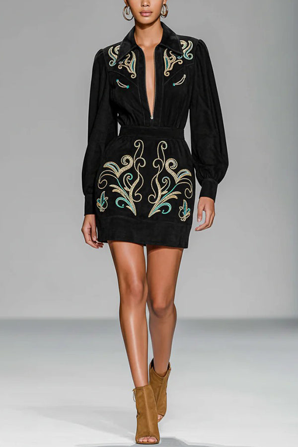 Fashionable Embroidered Floral Pattern Long-sleeved Fitted Waist Mini Dress-consonak