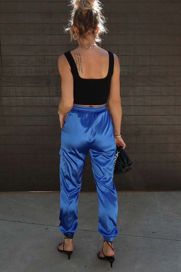 Something Great Satin Pocketed Elastic Waist Cargo Pants-consonak