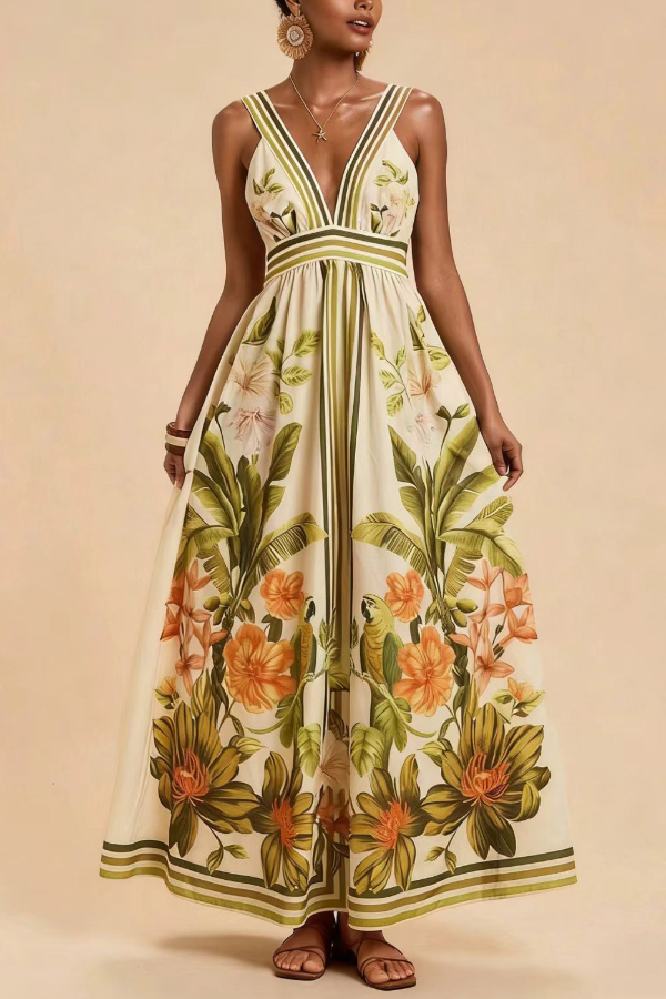 Botanical Print V-neck Backless Pleated Casual Vacation Maxi Dress