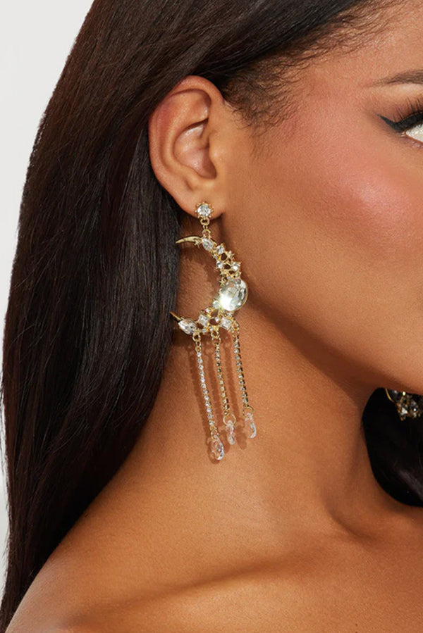 Rhinestone-Embellished Moon and Tassel Drop Earrings-Consonak