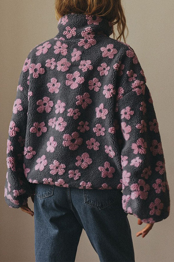 Colorblock Floral Pattern Teddy Bear Fleece Material Long Sleeve Kangaroo Pocket Zipper Sweatshirt-Consonak