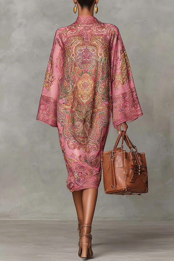 Retro Unique Print Casual Long-sleeved Loose Midi Dress-consonak