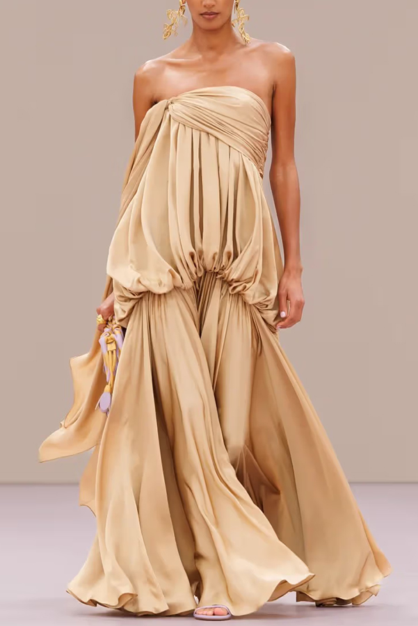 Flowing Fantasy Satin Pleated Bubble Design Strapless Drape Maxi Dress