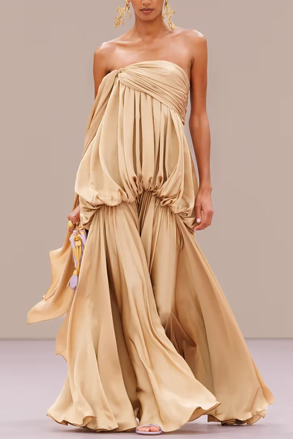 Flowing Fantasy Satin Pleated Bubble Design Strapless Drape Maxi Dress-consonak