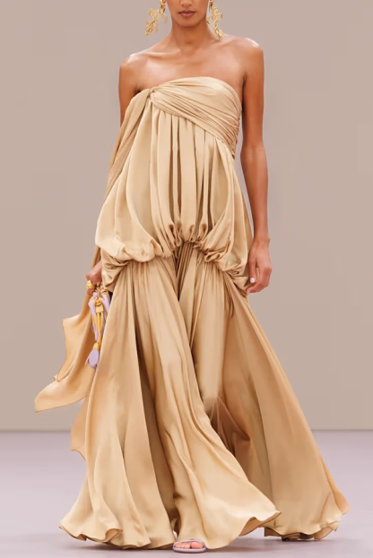Flowing Fantasy Satin Pleated Bubble Design Strapless Drape Maxi Dress-consonak