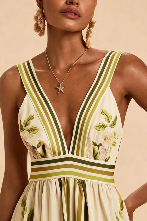 Botanical Print V-neck Backless Pleated Casual Vacation Maxi Dress