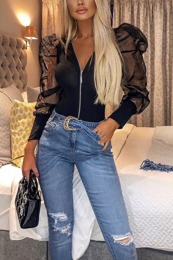 Solid Color Zip Front Sheer Puff Sleeves Bodysuit-consonak