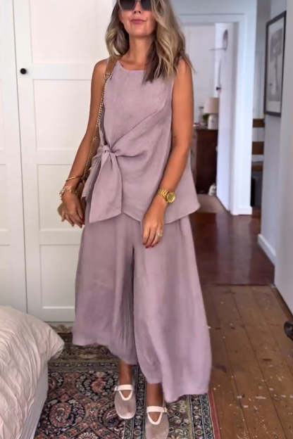 So Comfortable Linen Blend Knotted Top and Elastic Waist Pocket Wide Leg Pants Set