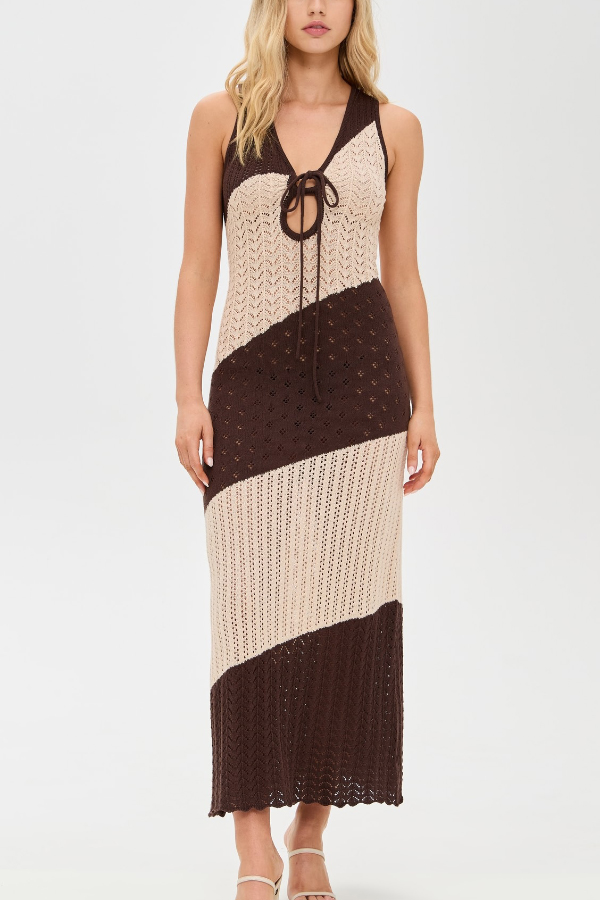 Fashionable Color-blocked Openwork Knit Slim-fit Maxi Dress-consonak