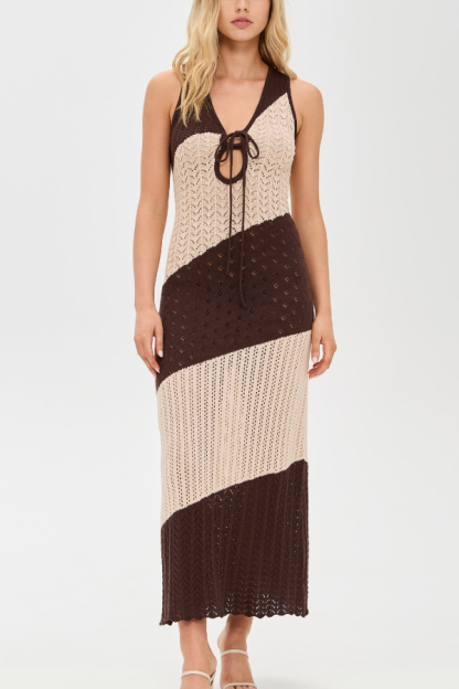 Fashionable Color-blocked Openwork Knit Slim-fit Maxi Dress-consonak