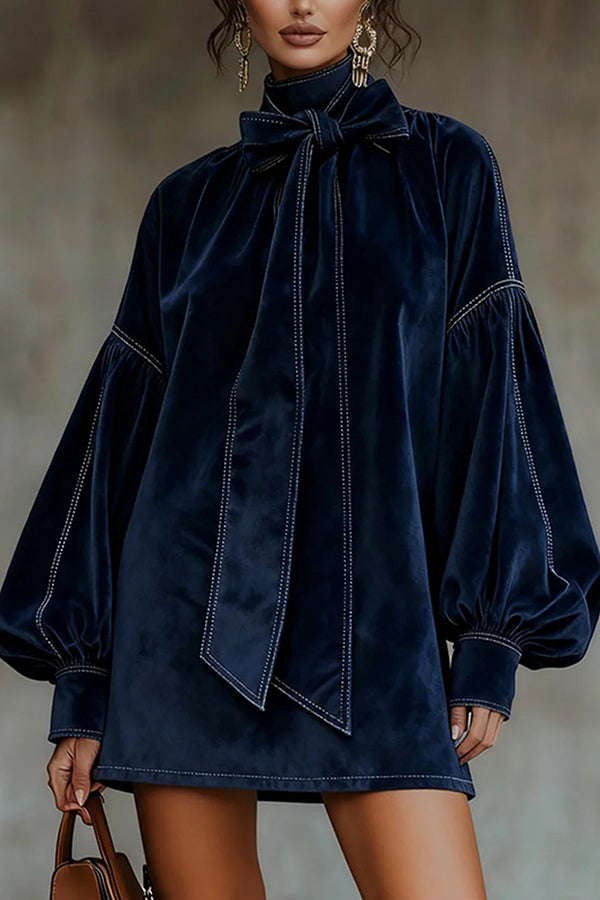Solid Color Velvet Bow Tie Lantern Sleeve Loose Mini Dress-consonak