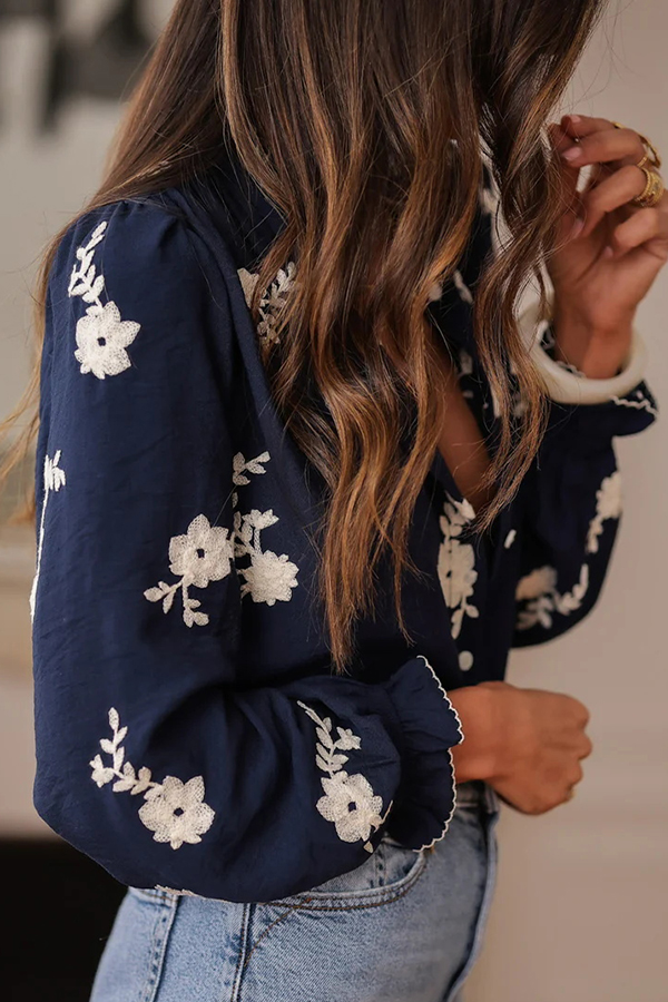 Floral Embroidery Long-Sleeved Button-Up Elegant Shirt-consonak