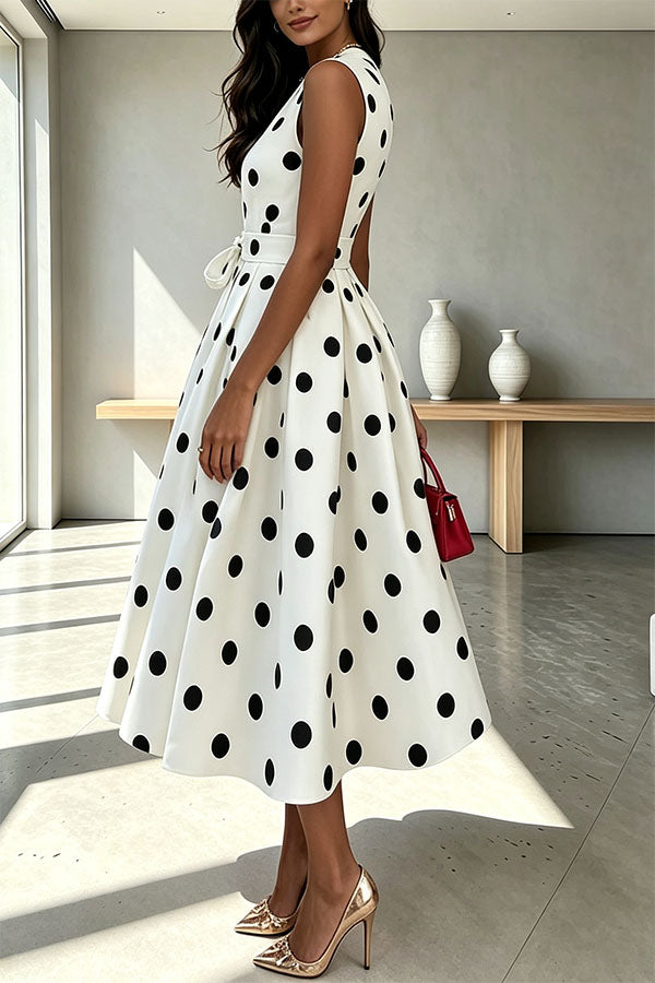 French Vintage Style Polka-dot Print Sleeveless Tie Waist Detail Midi Dress-Consonak