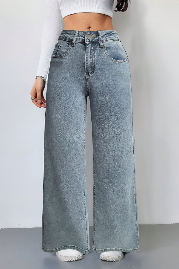Fashionable Bow Embroidered Pocket Casual Loose Wide-leg Jeans