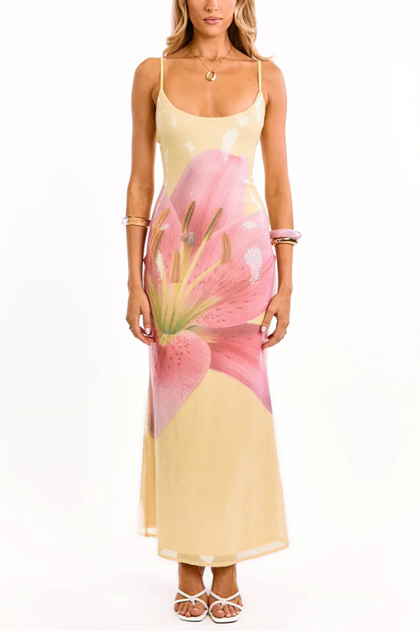 Floral Print Fashion Sequined Spaghetti Strap Backless Slim Fit Vacation Maxi Dress-consonak