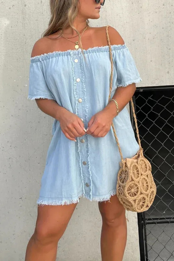 Fashionable Off Shoulder Short-sleeved Loose Denim Mini Dress-consonak