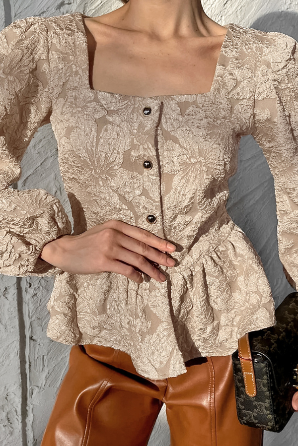 Solid Color Jacquard Square Neck Puff Sleeve Elegant Button Top