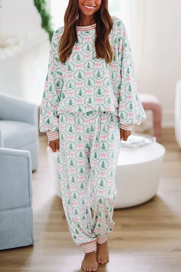 Christmas Print Loose Long-sleeved Top and Elastic Waist Casual Pants Set-consonak