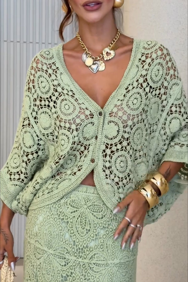 Anina Knit Crochet Cutout Button Up Batwing Half Sleeve Loose Cover-up Top