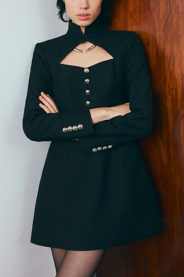 Elegant Long-sleeved Hollowed-out Button-down Slim-fit Mini Dress-consonak