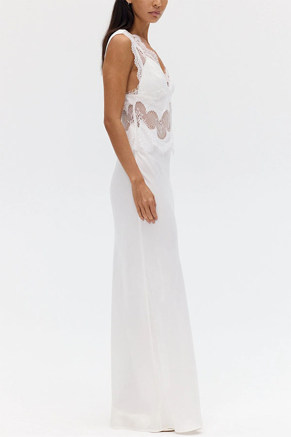 Effortless Elegance Satin Sheer Lace Patchwork V-neck Drape Maxi Dress-consonak