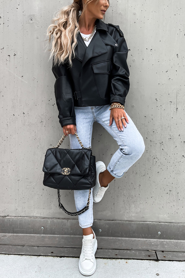 Stylish Leather Lapel Pocket British Style Cropped Jacket-consonak