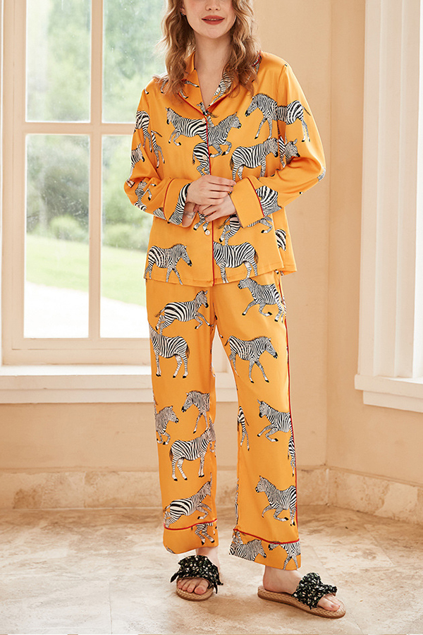 Yellow Zebra Print Home Long-sleeved Two-piece Set | Consonak