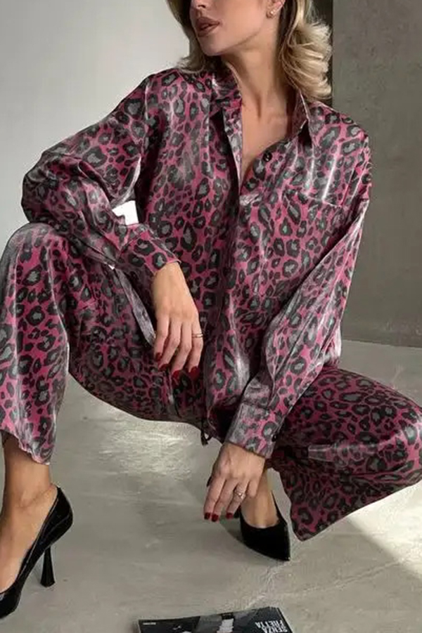 Leopard Print Long-sleeved Casual Top and Loose Elastic Waist Tie Pants Set-consonak