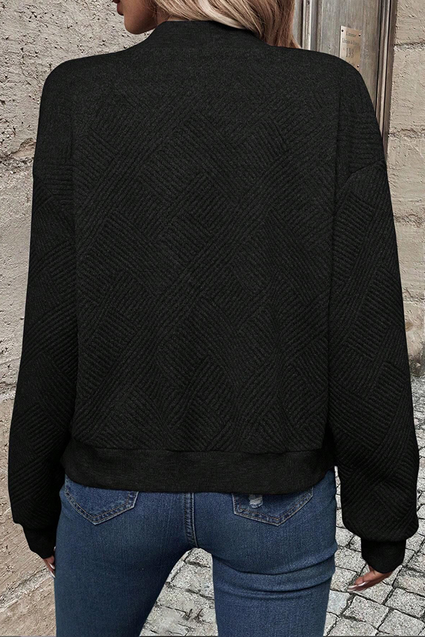 Solid Color Zippered Round Neck Long Sleeve Casual Jacket-consonak